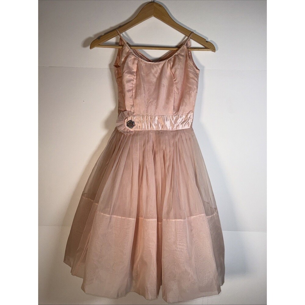 Vintage 50s Cupcake Dress Size XXS Pink Tulle Fit & Flare Prom Formal Junior 7 - Picture 2 of 16